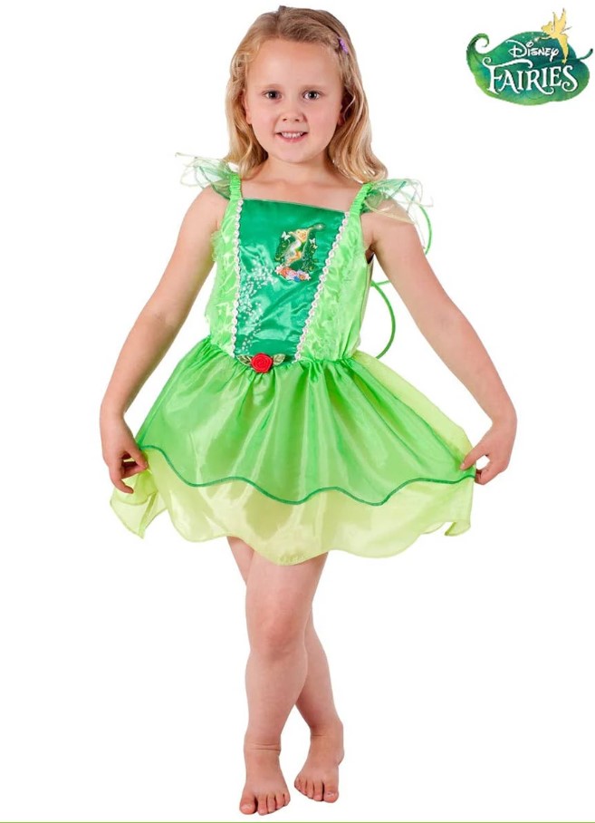 Classic Tinker Bell costume featuring a fitted green dress with a jagged hemline