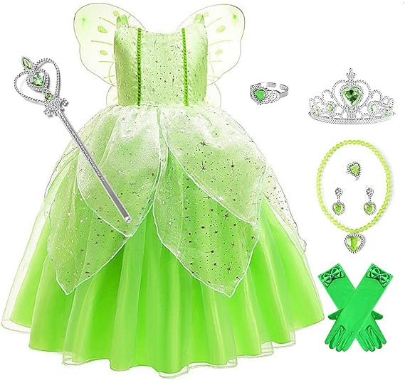Child wearing a Tinker Bell costume set with wings, sized for kids Halloween wear
