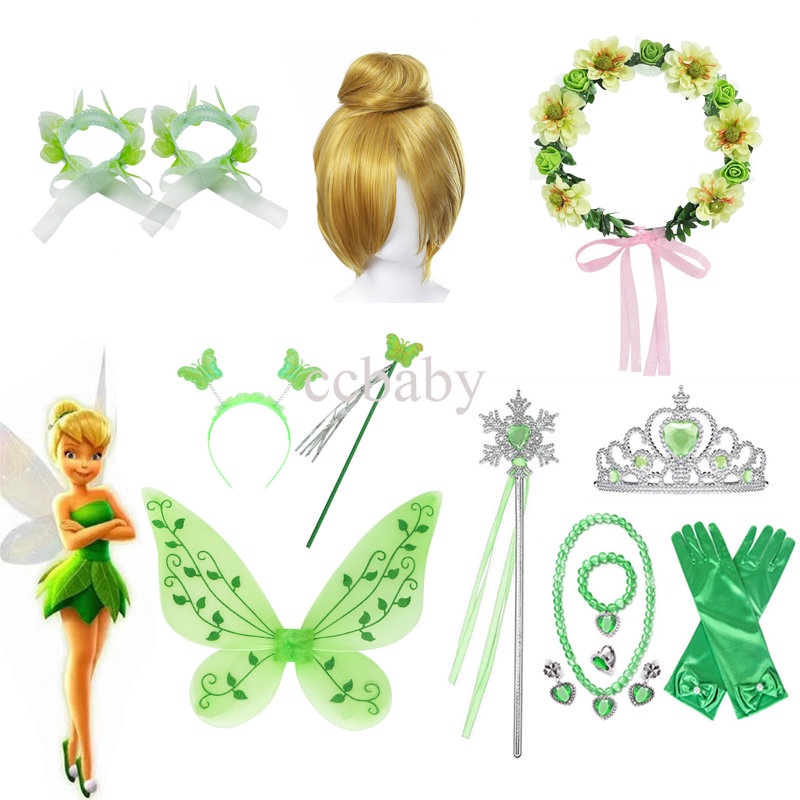 Tinker Bell costume accessories including fairy wings, a wand, and gold jewelry
